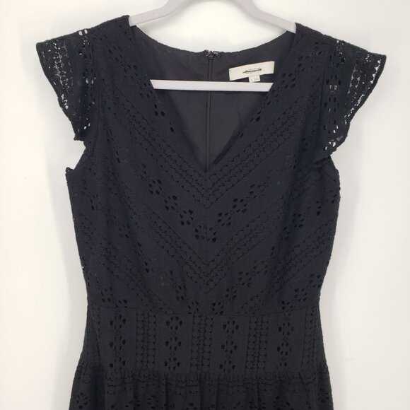 3/$25 LOFT Eyelet Lace Mini Dress 4 Fit and Flare Floune Ruffle Cotton Black - Picture 4 of 10
